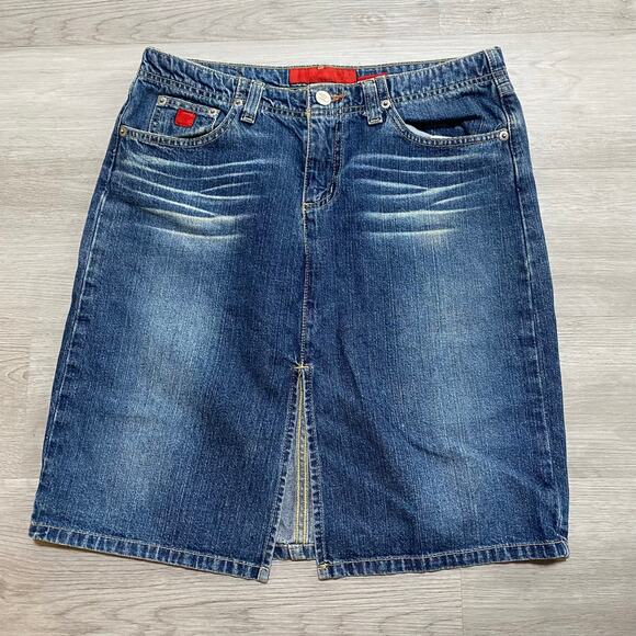 Vintage Y2K Let me be Blue Jean Denim Mini Skirt Size 3 Front Slit - Picture 1 of 7